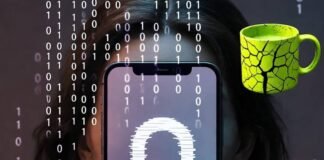 How to Protect Your Apps from Hackers in 2025 Blurry smartphone with glitchy padlock, cracked coffee mug.