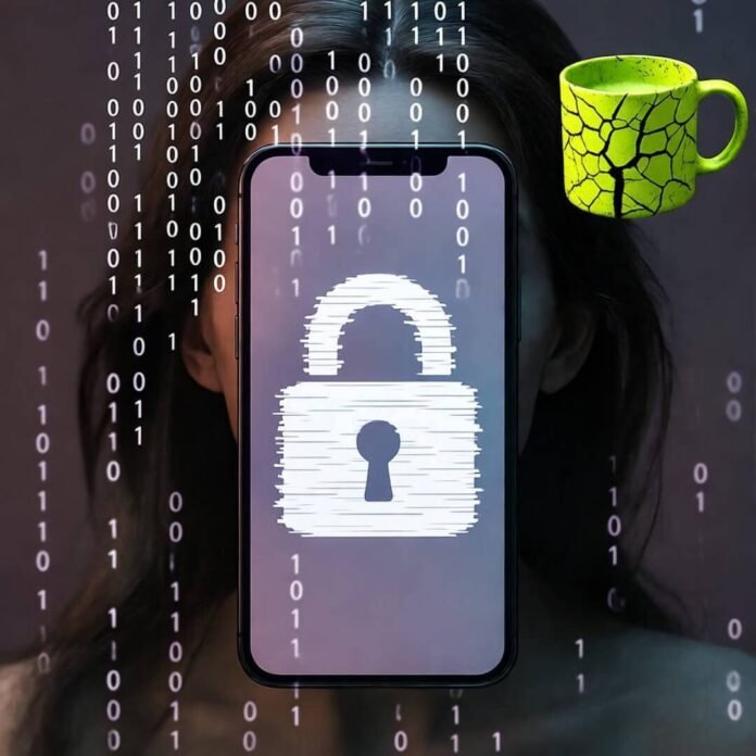 Blurry smartphone with glitchy padlock, cracked coffee mug. Blurry smartphone with glitchy padlock, cracked coffee mug.