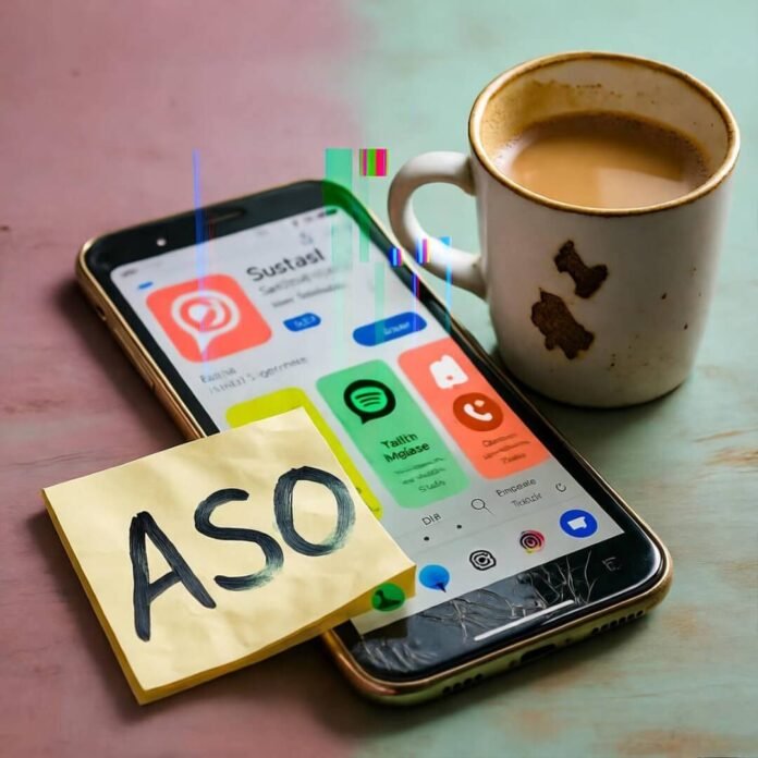 Cluttered Mumbai desk with cracked phone, ASO note, chai. Cluttered Mumbai desk with cracked phone, ASO note, chai.