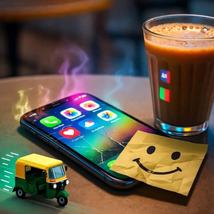 Cracked phone, chai, autorickshaw on cluttered café table. Cracked phone, chai, autorickshaw on cluttered café table.