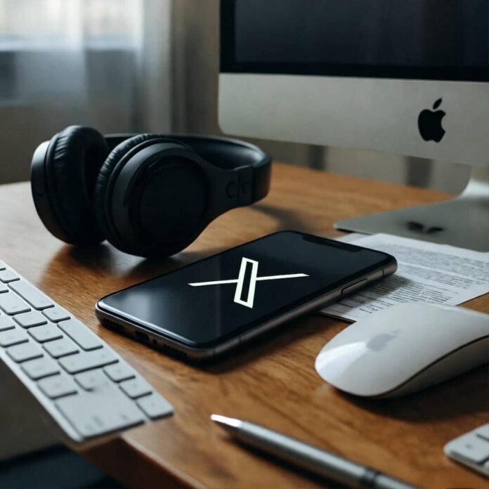 Scratched phone with app logo on cluttered desk. Scratched phone with app logo on cluttered desk.