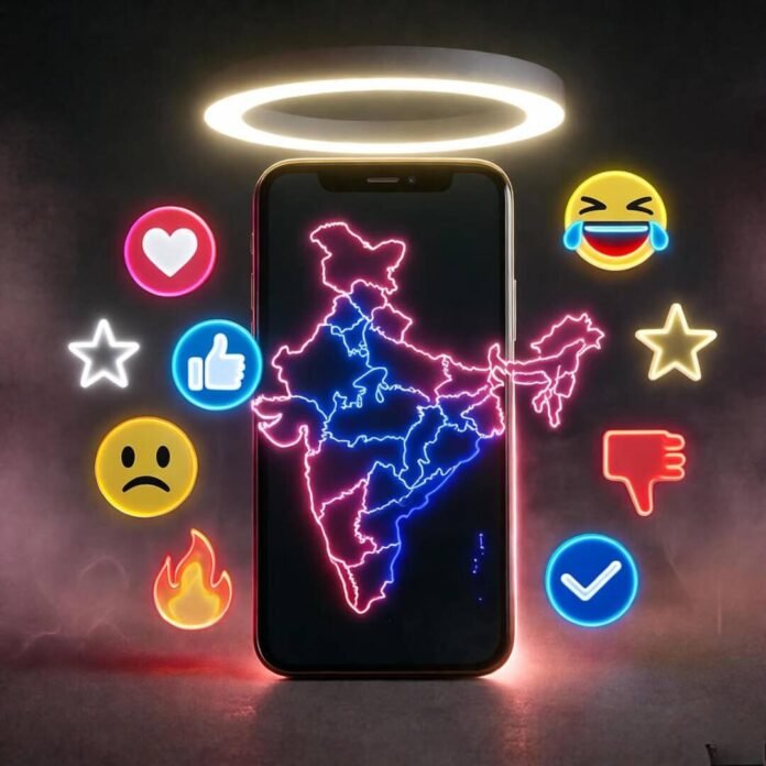 Neon phone glow, India map, floating emojis, hopeful vibe. Neon phone glow, India map, floating emojis, hopeful vibe.