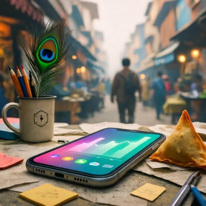 Cluttered Bangalore desk, smartphone analytics, samosa, peacock feather. Cluttered Bangalore desk, smartphone analytics, samosa, peacock feather.