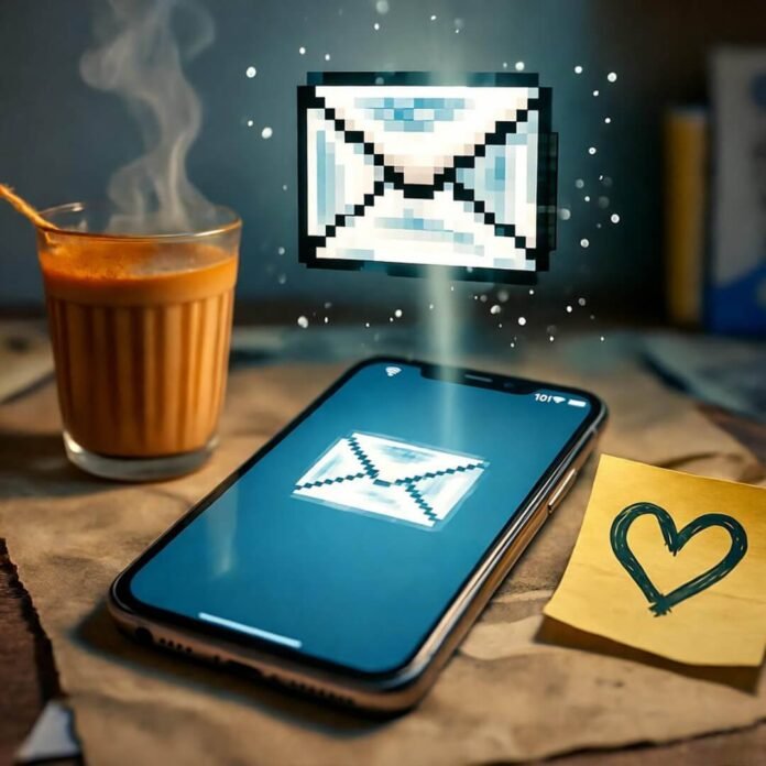 Blurred desk, smartphone, chai, pixelated envelope, heart note. Blurred desk, smartphone, chai, pixelated envelope, heart note.