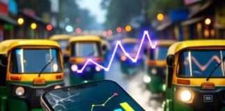 App Marketing Metrics: How to Measure Success in 2025 Scratched smartphone with analytics, chaotic Indian street, notebook.