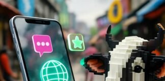 The Future of Mobile Apps: What You Need to Know in 2025 Futuristic smartphone, chai stains, pixelated cow, market chaos.