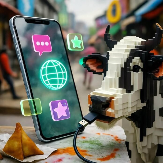 Futuristic smartphone, chai stains, pixelated cow, market chaos.Futuristic smartphone, chai stains, pixelated cow, market chaos. Futuristic smartphone, chai stains, pixelated cow, market chaos.