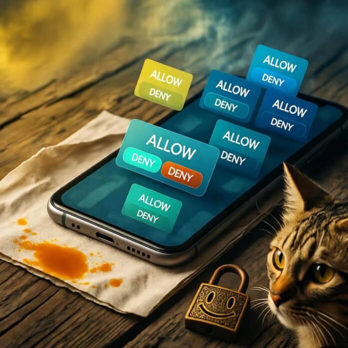 Blurry phone with pop-ups, cat, stained napkin. Blurry phone with pop-ups, cat, stained napkin.