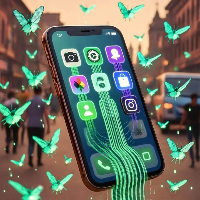 Smartphone with melting app icons, Delhi street, fireflies. Smartphone with melting app icons, Delhi street, fireflies.