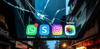 Mobile App Usage Statistics Every Business Should Know Cramped Delhi balcony at dusk, glowing apps on cracked screens.