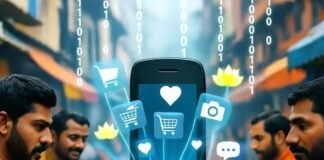 The Evolution of Mobile Apps: From Games to Global Solutions Blurry flip phone with app icons in busy market.