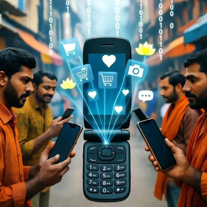 Blurry flip phone with app icons in busy market. Blurry flip phone with app icons in busy market.