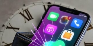 In-App Purchases Vs Subscriptions: Which Works Best? Cracked phone screen with glowing apps, leaking wallet, clock.