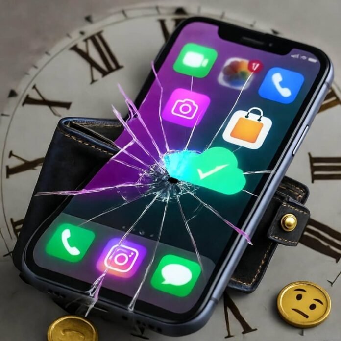 Cracked phone screen with glowing apps, leaking wallet, clock. Cracked phone screen with glowing apps, leaking wallet, clock.