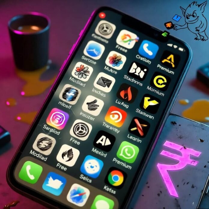 Blurry phone screen with apps, rupee, laughing gremlin. Blurry phone screen with apps, rupee, laughing gremlin.