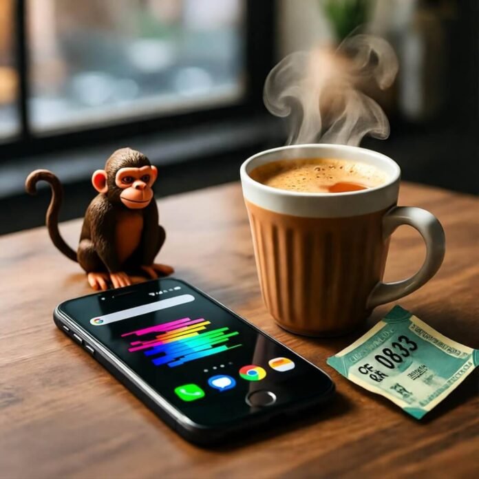 Cluttered desk with cracked phone, monkey stealing coin. Cluttered desk with cracked phone, monkey stealing coin.
