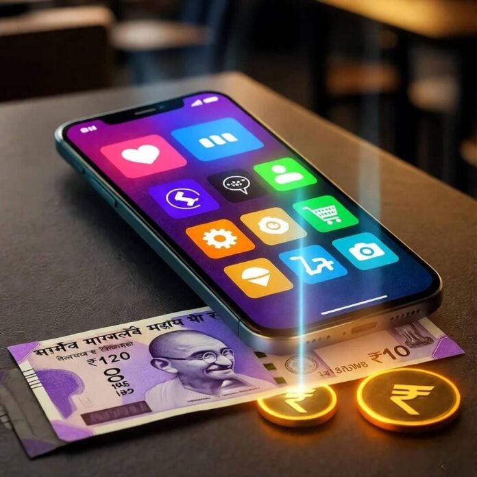 Smartphone glows in café, rupees turn to digital coins. Smartphone glows in café, rupees turn to digital coins.