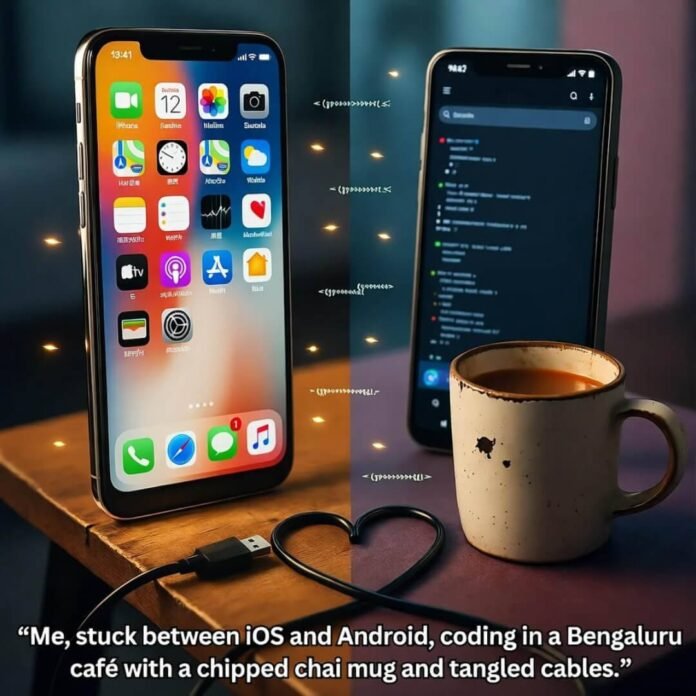 iOS and Android split-screen, chipped chai mug, tangled cables. iOS and Android split-screen, chipped chai mug, tangled cables.