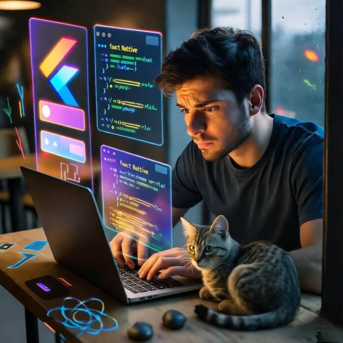 Flutter vs React Native clash, cat naps, rainy café. Flutter vs React Native clash, cat naps, rainy café.