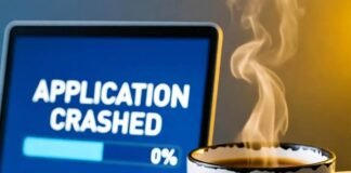 10 Common Mistakes Developers Make in App Development Blurry Bangalore desk with laptop, chai mug, and gremlin.