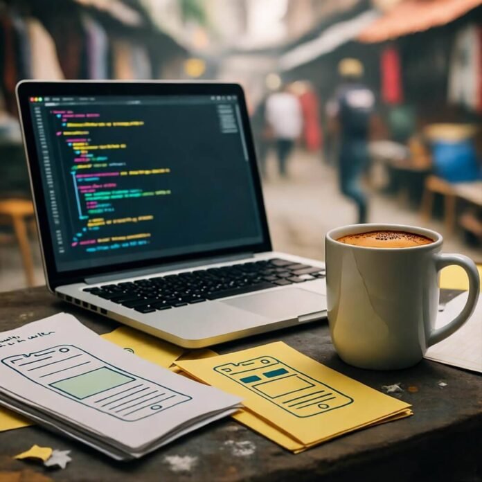 Cluttered Bangalore desk with laptop, chai mug, market view. Cluttered Bangalore desk with laptop, chai mug, market view.