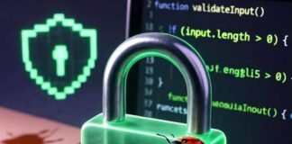 App Security Best Practices Every Developer Must Follow Glowing padlock, bug on laptop, coffee-stained notebook.