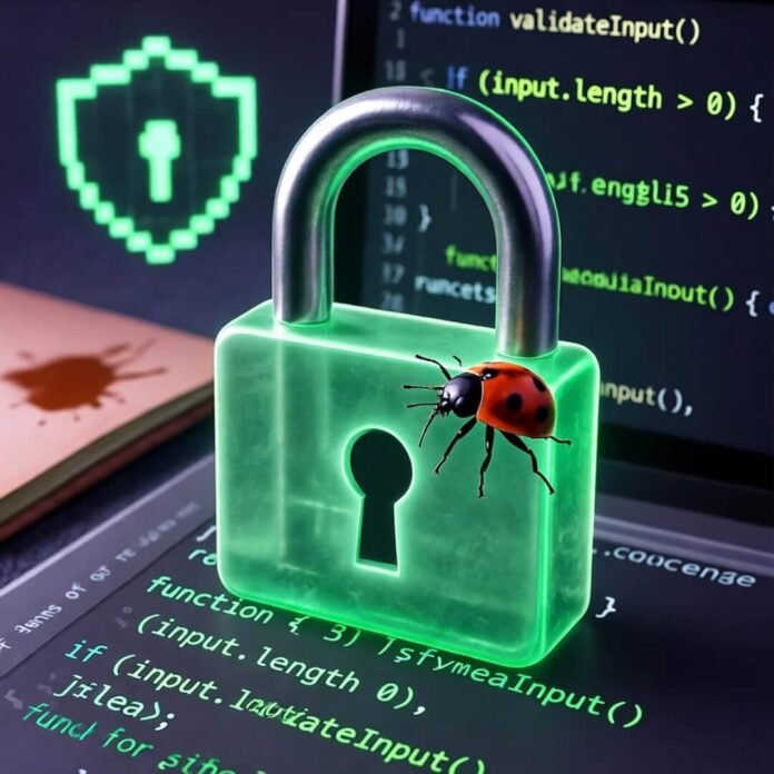 Glowing padlock, bug on laptop, coffee-stained notebook. Glowing padlock, bug on laptop, coffee-stained notebook.