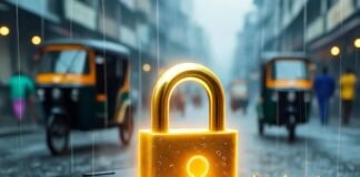 Secure Your iPhone and Android Apps: My Kinda Messy, Rain-Drenched Take Scratched phone with glowing padlock, rainy Mumbai street.