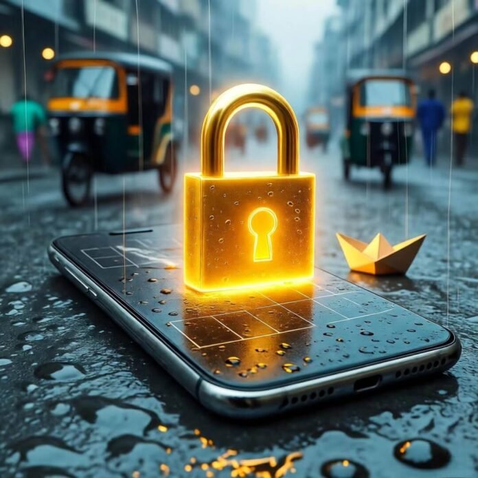 Scratched phone with glowing padlock, rainy Mumbai street.Scratched phone with glowing padlock, rainy Mumbai street. Scratched phone with glowing padlock, rainy Mumbai street.