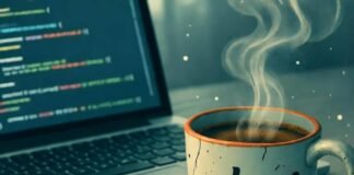 How to Reduce App Development Costs Without Compromising Quality? Cluttered desk with laptop, chai mug, sticky note, paper plane.