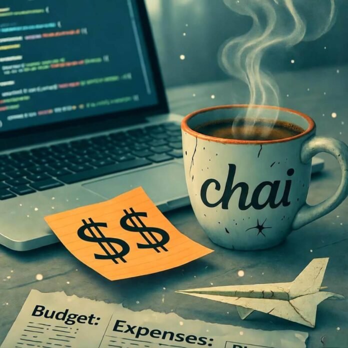 Cluttered desk with laptop, chai mug, sticky note, paper plane. Cluttered desk with laptop, chai mug, sticky note, paper plane.