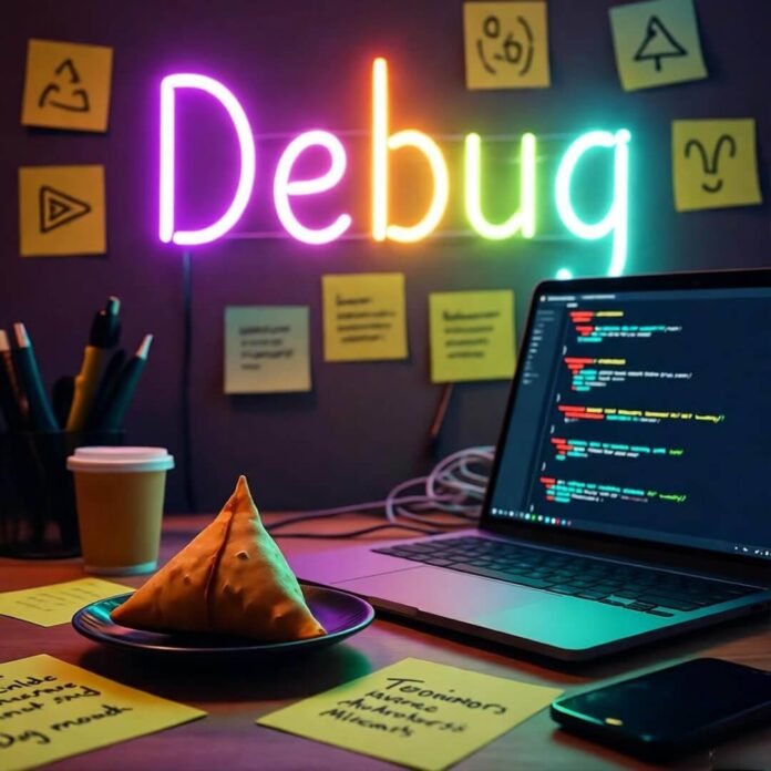 Mumbai desk, glowing code, samosa, neon "Debug" sign. Mumbai desk, glowing code, samosa, neon "Debug" sign.