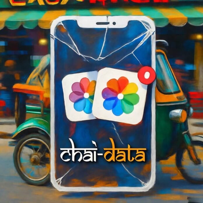 Cracked phone with app variants, chai-data, rickshaw blur. Cracked phone with app variants, chai-data, rickshaw blur.
