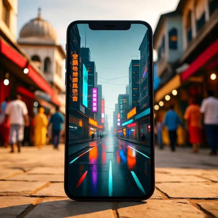 Blurry cyberpunk phone glitch in bustling market Blurry cyberpunk phone glitch in bustling market