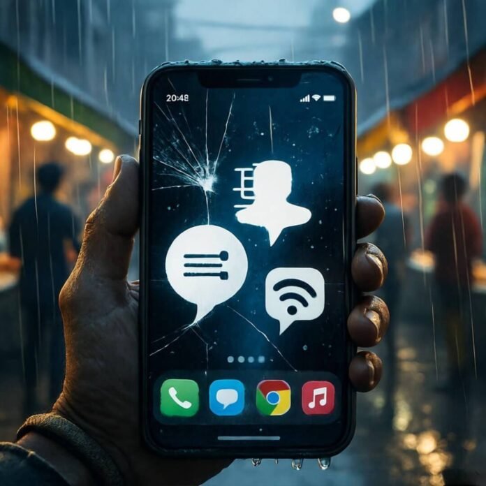 Rain-slicked phone with glitchy feedback in market. Rain-slicked phone with glitchy feedback in market.