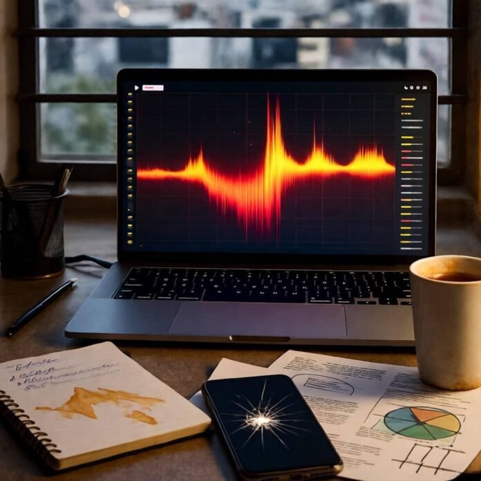 Chaotic Mumbai desk with heat map laptop, chai stains. Chaotic Mumbai desk with heat map laptop, chai stains.