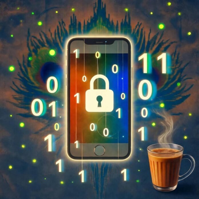 Smartphone with lock icon, chai cup, binary code. Smartphone with lock icon, chai cup, binary code.