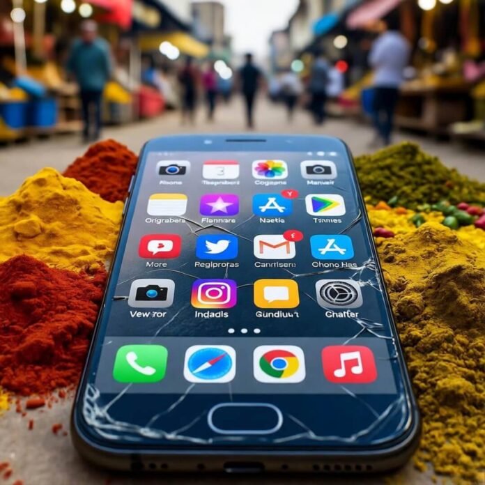 Cracked phone buried in Mumbai spices, notifications overflowing. Cracked phone buried in Mumbai spices, notifications overflowing.