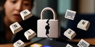 The Ultimate Guide to Managing App Permissions Safely Blurry phone screen with red icons, cracked lock, keys.