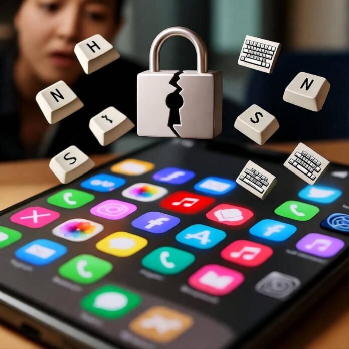 Blurry phone screen with red icons, cracked lock, keys. Blurry phone screen with red icons, cracked lock, keys.