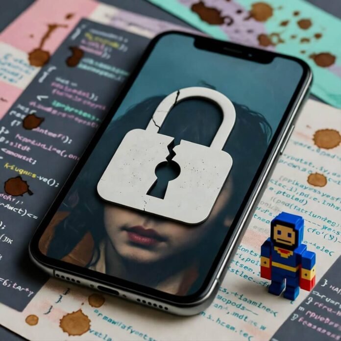 Smartphone with cracked padlock on messy Bangalore desk. Smartphone with cracked padlock on messy Bangalore desk.