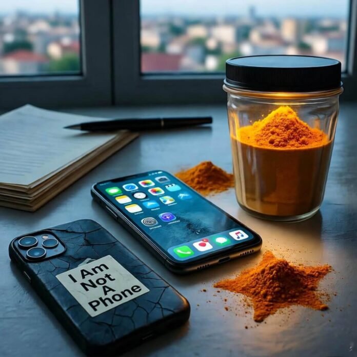 Cluttered desk, glowing phone, chai stains, quirky star vibe. Cluttered desk, glowing phone, chai stains, quirky star vibe.