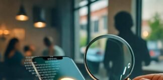 7 Privacy Tips Every App User Should Follow Blurry phone with lock icon, shadowy figure, café desk.