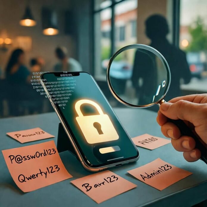Blurry phone with lock icon, shadowy figure, café desk. Blurry phone with lock icon, shadowy figure, café desk.