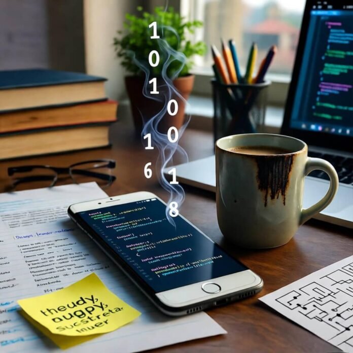 Messy Bangalore desk with code, chai, binary smoke. Messy Bangalore desk with code, chai, binary smoke.