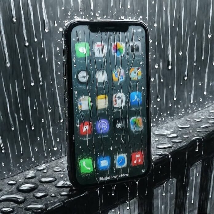 Rain-smeared phone teeters in Mumbai monsoon chaos. Rain-smeared phone teeters in Mumbai monsoon chaos.