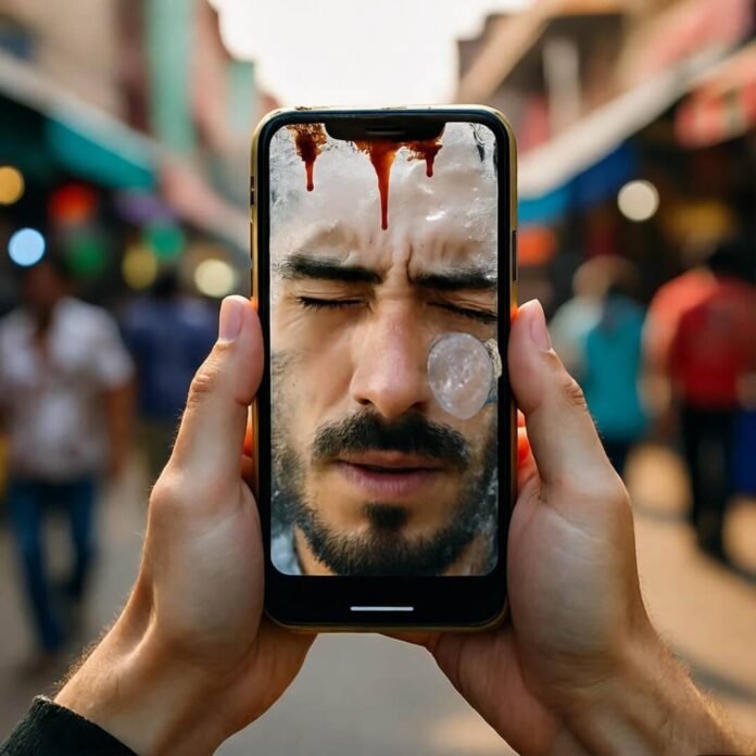 Chai-stained phone amidst Mumbai market chaos. Chai-stained phone amidst Mumbai market chaos.