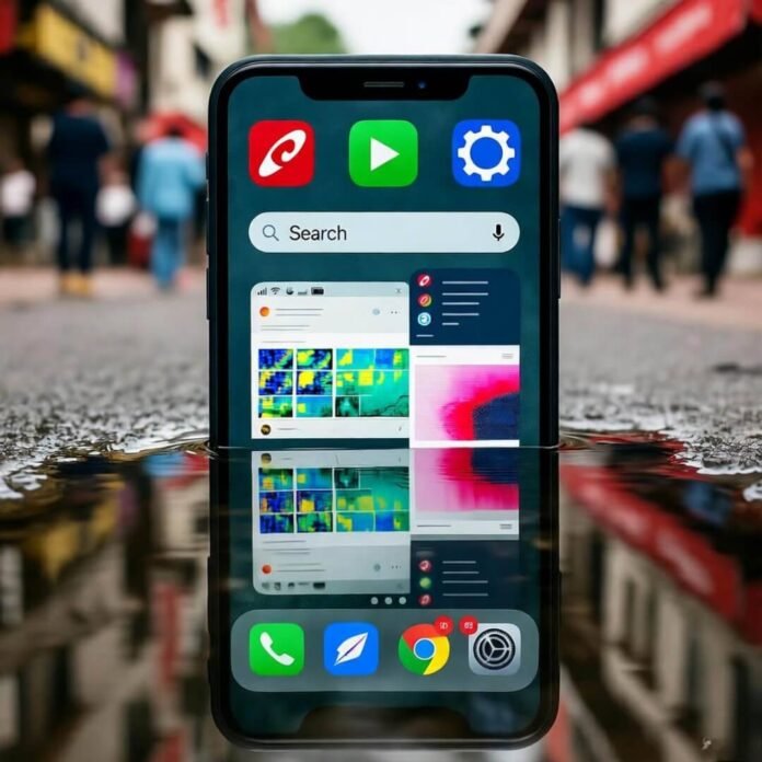 Cracked phone map reflecting in Mumbai puddle. Cracked phone map reflecting in Mumbai puddle.