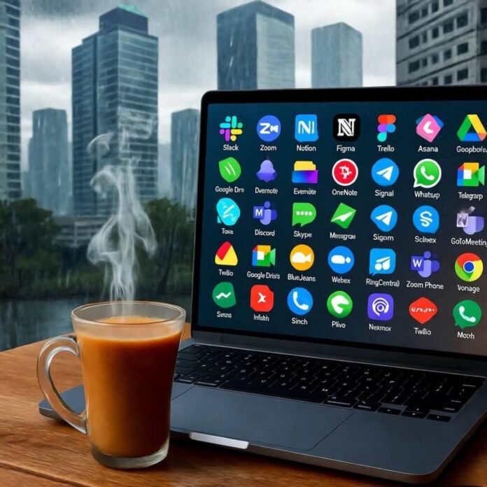 Wry expat desk with app icons, monsoon haze. Wry expat desk with app icons, monsoon haze.