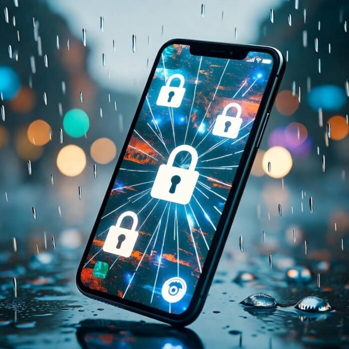 Cracked phone with secure locks in rain.